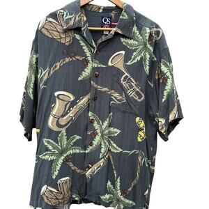QuikSilver Tropical Palm Tree Saxophone Jazz music Button Up Shirt Men's Large
